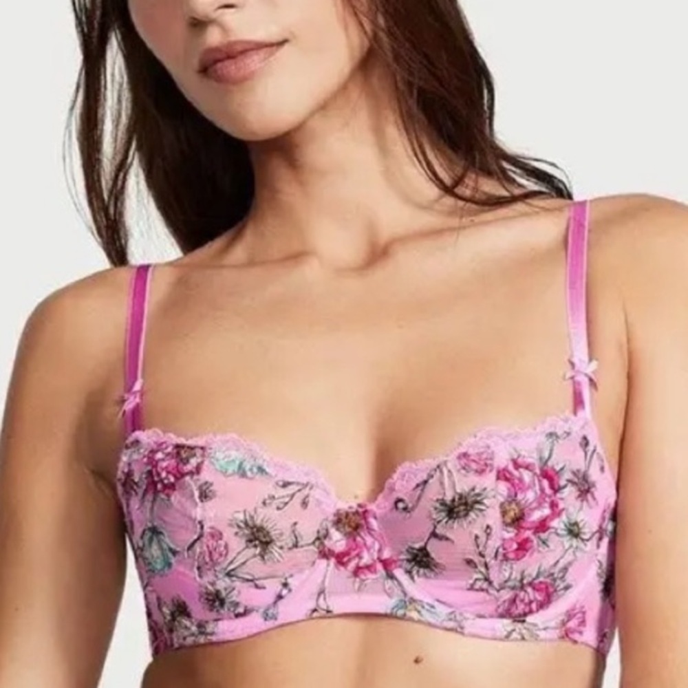 New! Victoria's Secret Embroidered Floral Lace Push-Up Bra pink 45798
